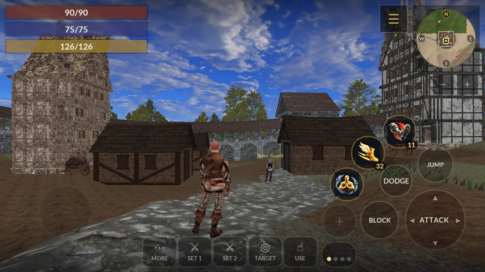 The Android app in a town square of the Haven: the character among timber houses, with the touch controls around them (a movement stick, attack, block, dodge and jump buttons, a ring of powers, the minimap)