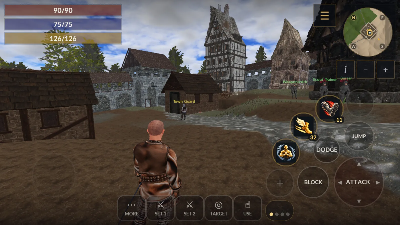 Die Android-App auf einem Dorfplatz im Hafen: die Spielfigur zwischen Holzhäusern, umgeben von der Touch-Steuerung (ein Bewegungsstick, Tasten für Angriff, Blocken, Hechten und Springen, ein Ring aus Kräften, die Minikarte)