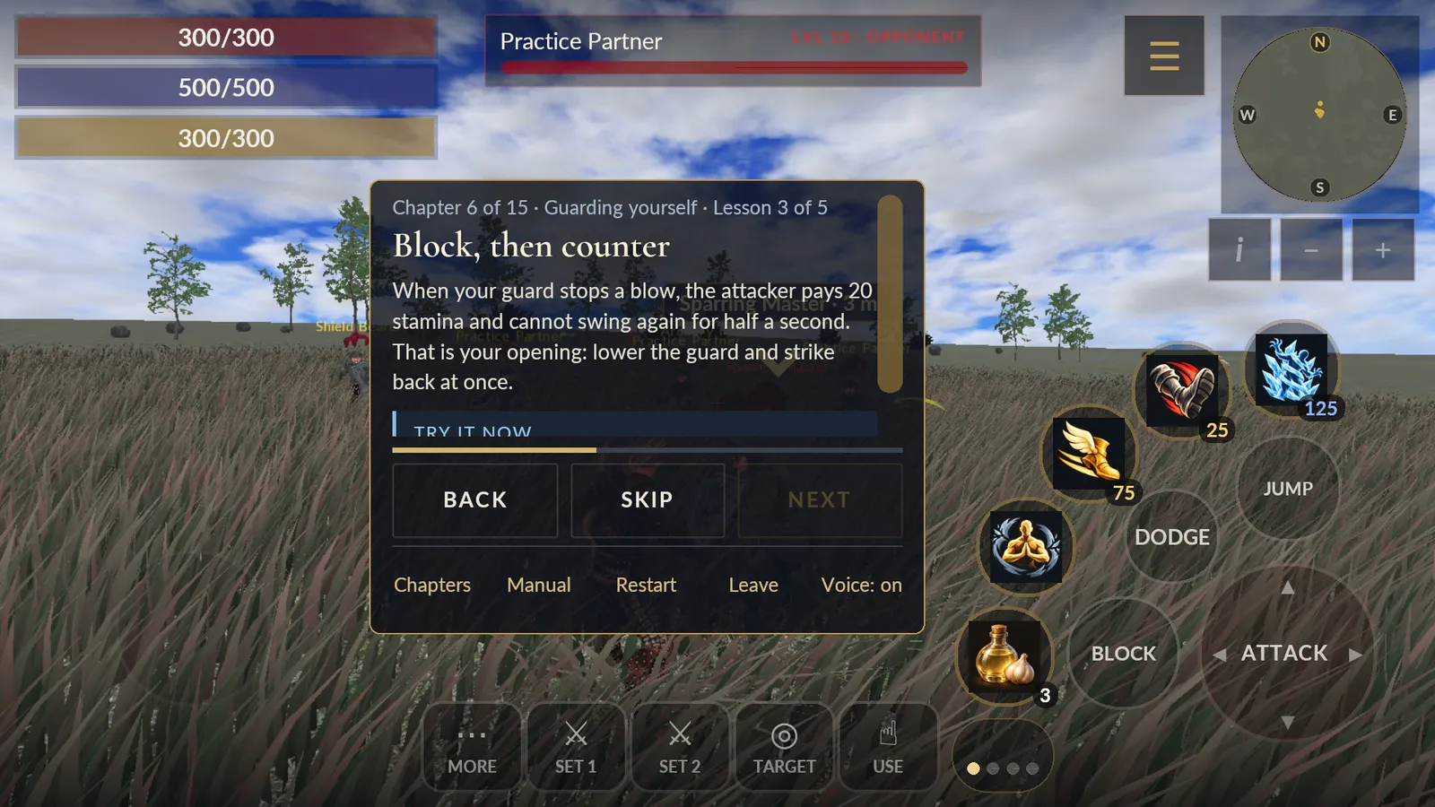 The Android app on the training grounds: a sparring lesson's card, Block, then counter, over a grassy field, with the touch controls