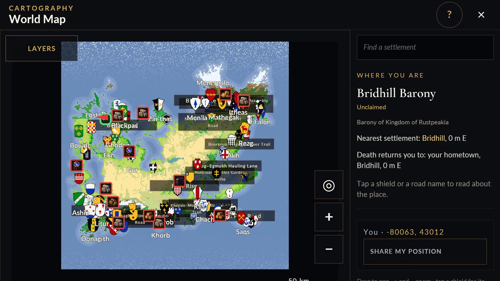 The Android app's world map: the coats of arms of the settlements over the land, and a panel saying where you are